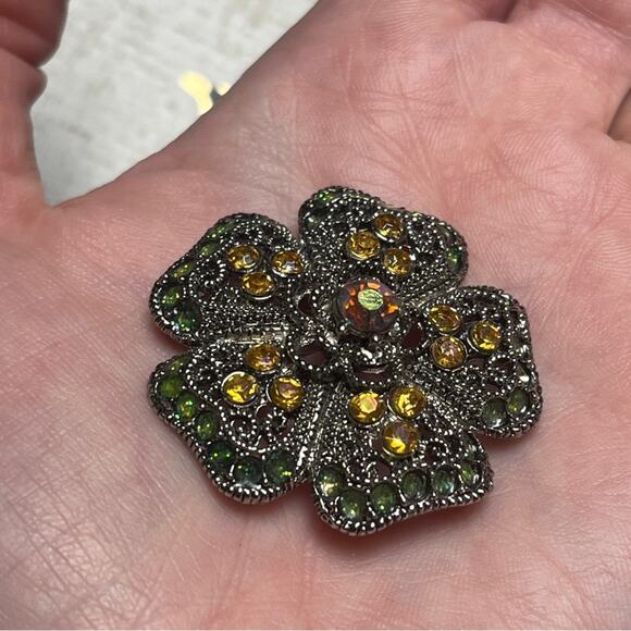 Vintage Sparkling AB Stone Green Enamel Yellow and Pink Silver Flower Brooch D3 - Picture 4 of 8